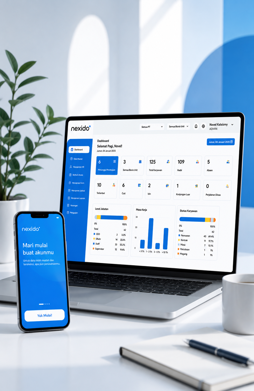 Dashboard Nexido ditampilkan di laptop dan telepon genggam